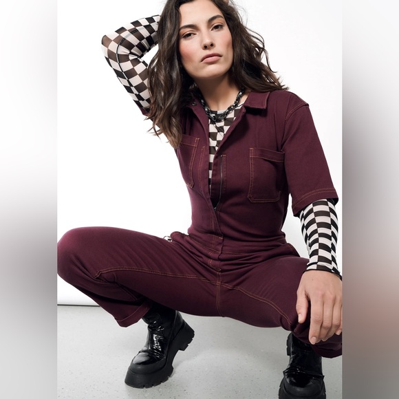 Wildfang Pants - Wildfang The Essential Denim Coverall in Merlot Size Small Zip-Front Jumpsuit